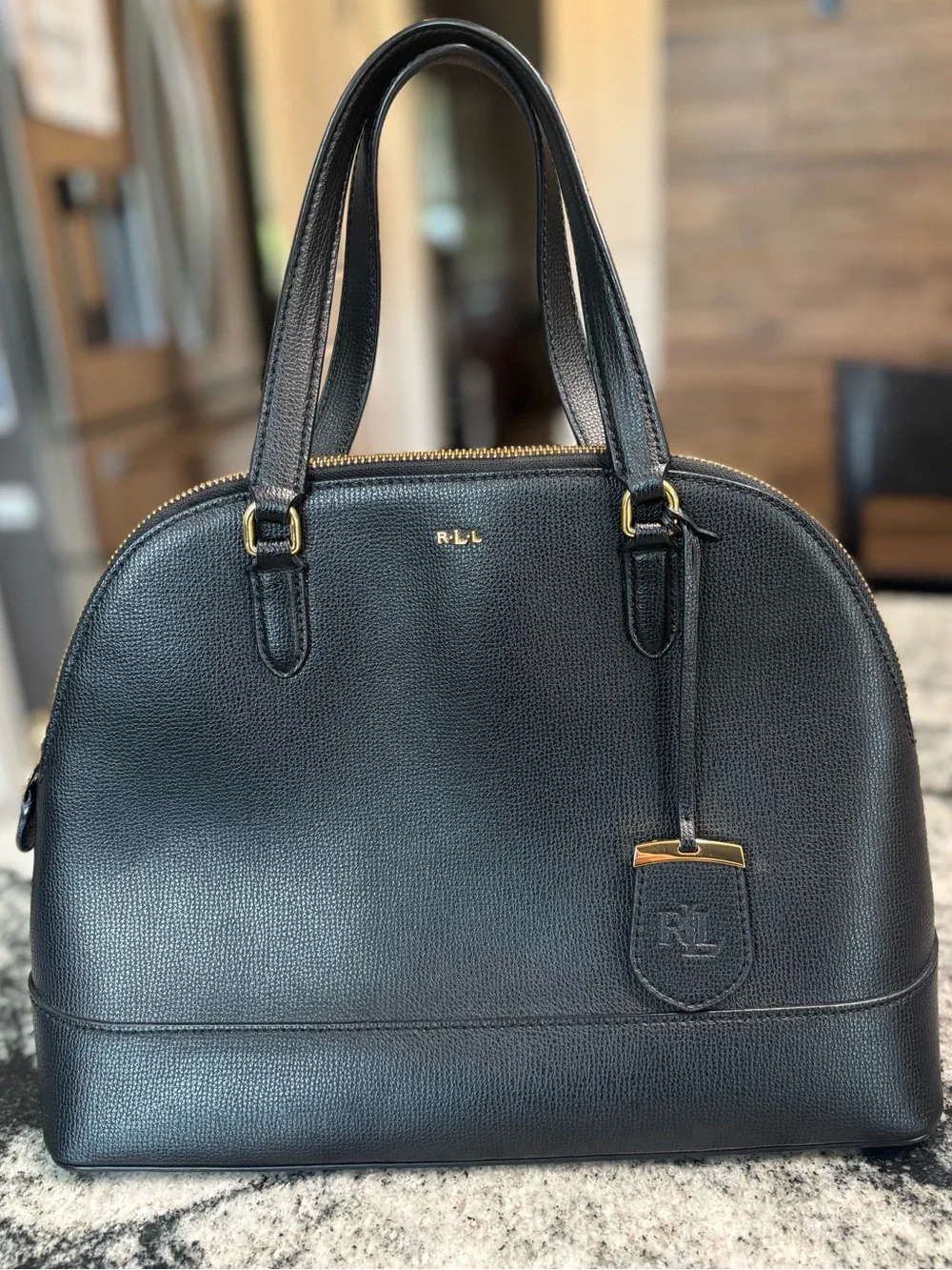 Lauren Ralph Lauren Black Domed Satchel with Gold Accents